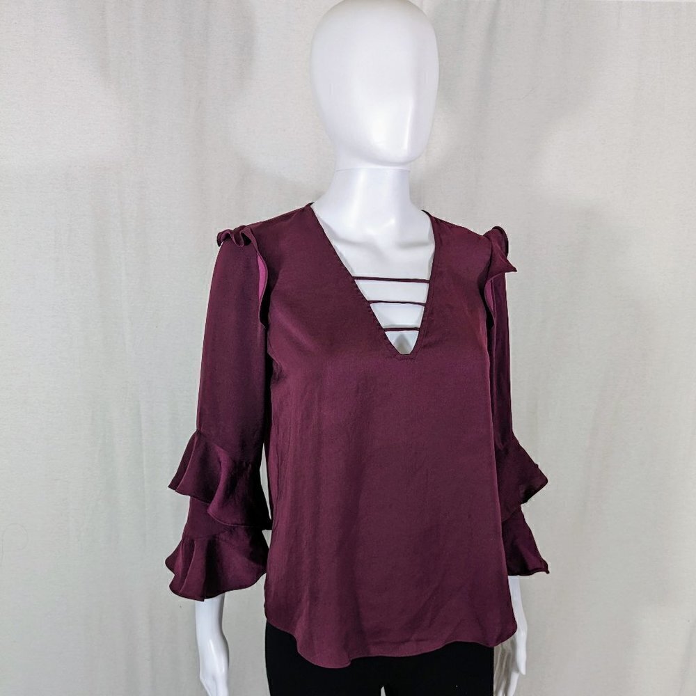 Express Silky Blouse Maroon Frilly Sleeves Women's Size XS